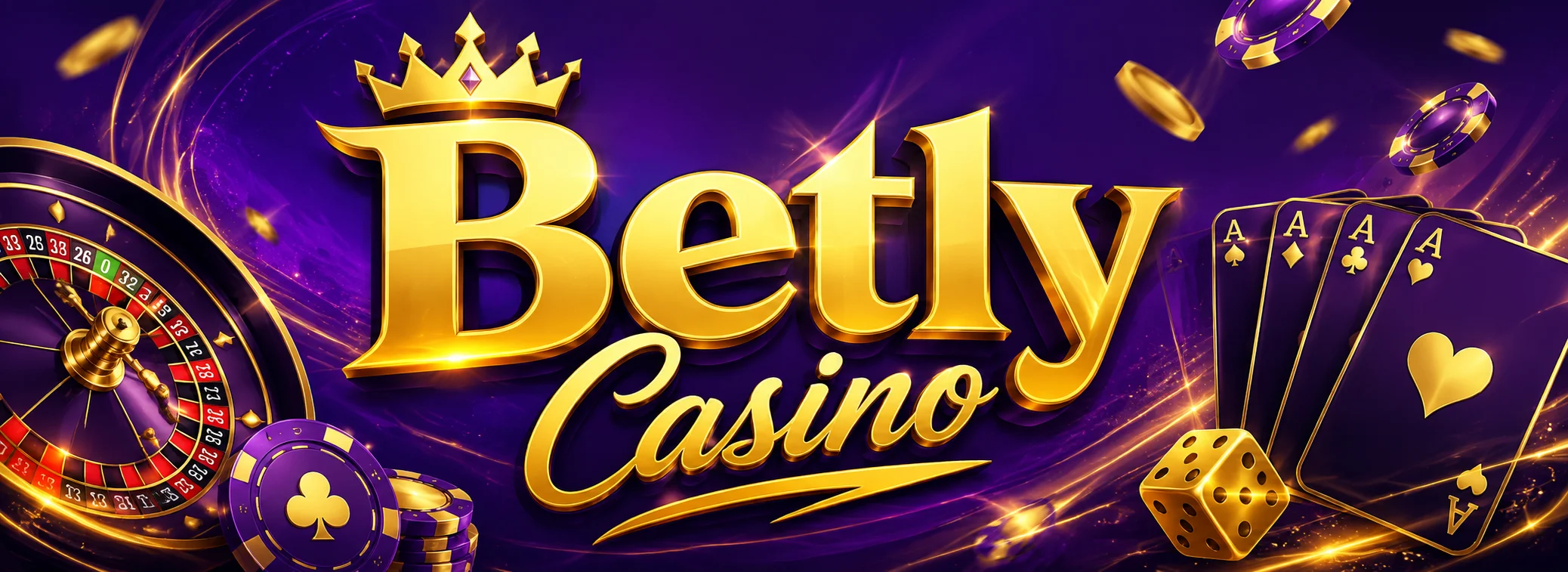Banner do Betly Casino em violeta e dourado com fichas de cassino e destaque para saque no Pix